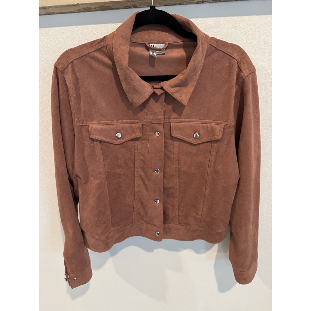H&M Divided Faux Suede Jacket Women's L Rust Brown Cropped Trucker Button Front